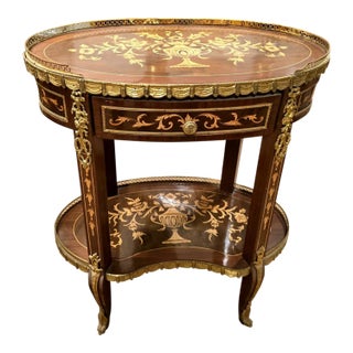 French Louis XV Inlaid Oval Side Table With Drawer, Brass Gallery & Lower Shelf For Sale