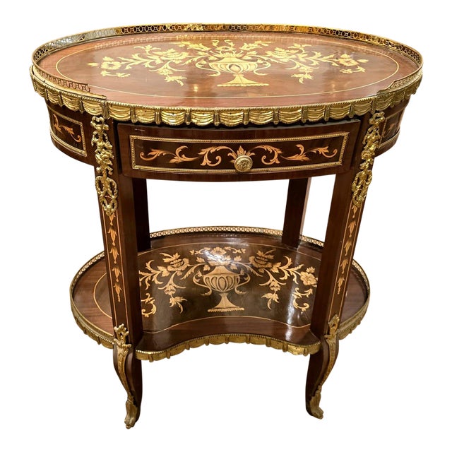French Louis XV Inlaid Oval Side Table With Drawer, Brass Gallery & Lower Shelf For Sale