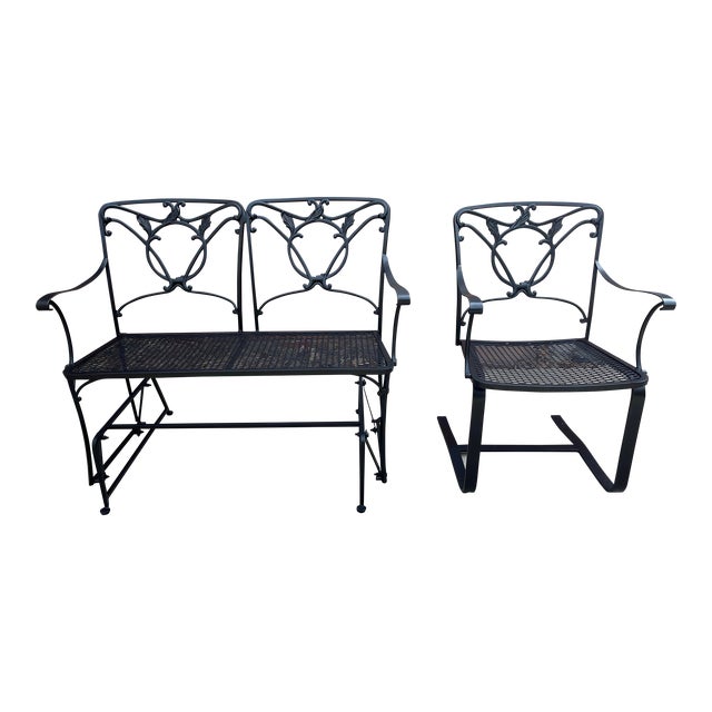 Wrought Iron Glider Bench & Cantilever Chair - Set of 2 For Sale
