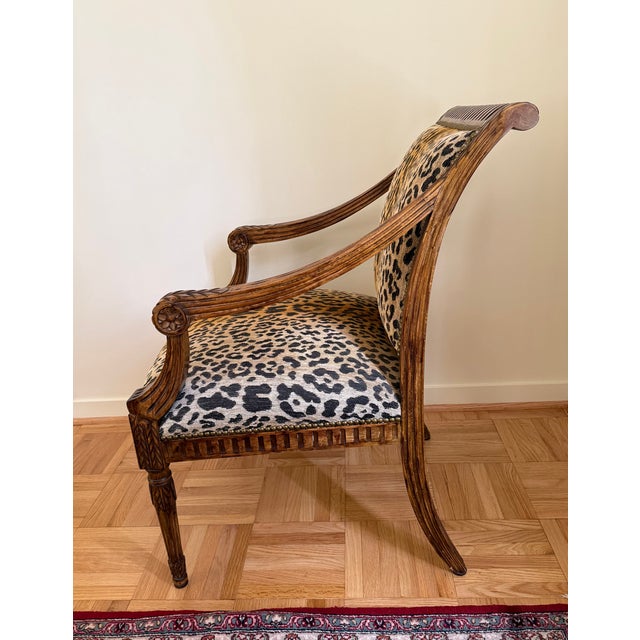Pair of Louis XVI-Style Carved Fauteuil Armchairs in Leopard Print A striking pair of fauteuil-style armchairs with hand-...