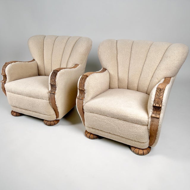 Art Deco Danish Scallop Back Oak and Sherpa Wool Armchairs, 1930s, Set of 2 For Sale - Image 9 of 13