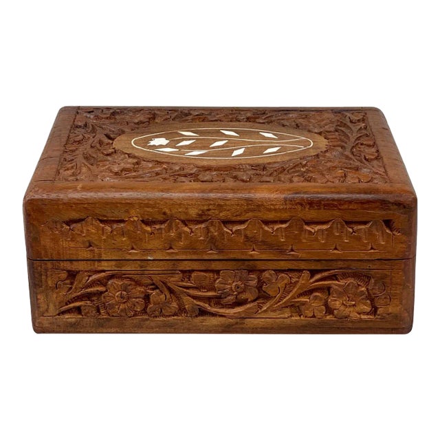 Vintage Traditional Carved Walnut Inlaid Storage Box For Sale