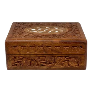 Vintage Traditional Carved Walnut Inlaid Storage Box
