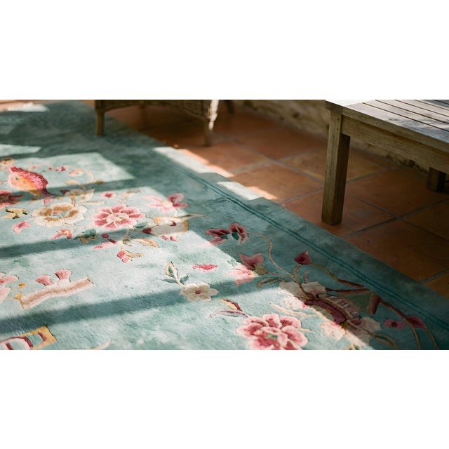 1920s Green Vase Floral Antique Chinese Art Deco Carpet 8'6" X 11'4" Knotted Wool Rug For Sale - Image 18 of 18