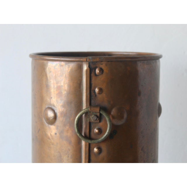 Arts & Crafts American Arts and Crafts Style Riveted Cylindrical Copper Umbrella Stand Brass Hoop Handles Vintage For Sale - Image 3 of 14