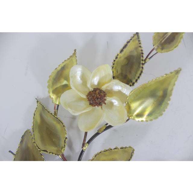 Torch Cut Brass Leaf and Shell Flower Wall Art Hollywood Recency Mid 20th Century - Set of 2 For Sale - Image 12 of 12