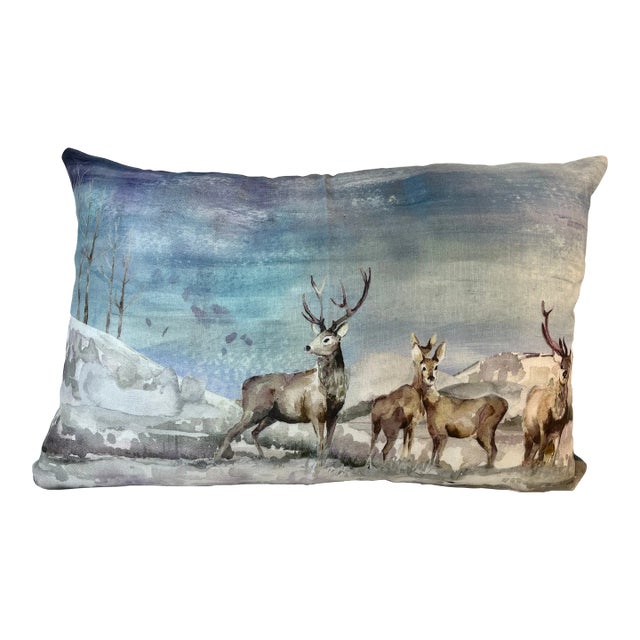 Large Bolster Pillow Decorated With a Water Color Look Rangle of Majestic Deer Grazing in a Snowy Winter Valley - Made in the U K For Sale