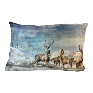 Large Bolster Pillow Decorated With a Water Color Look Rangle of Majestic Deer Grazing in a Snowy Winter Valley - Made in the U K