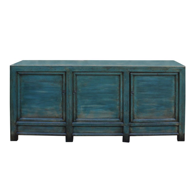 Distressed Teal Blue Green Finish High Credenza Console Buffet