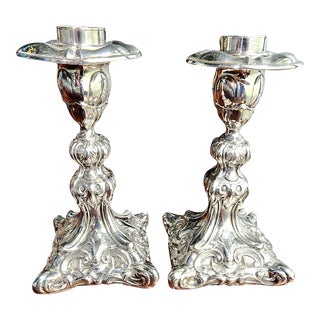 Camusso Peruvian Fine Sterling Silver Baroque Style Single Candlesticks - Pair. For Sale