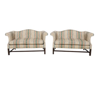 Pair Kindel Chippendale Damask Upholstered Loveseats For Sale