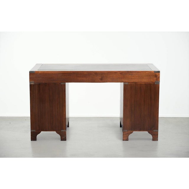 Wooden English Desk with Brass Elements and Green Leather Top For Sale - Image 5 of 14