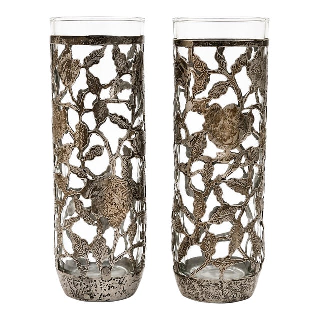 Vintage .925 Sterling Silver Overlay Rose Vine Highball Glasses, Pair For Sale