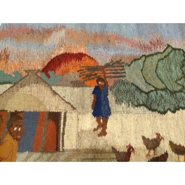 Tribal Vintage African Tapestry, Handwoven Wool, Village Life Scenes, Ivory & Blue, 4x5 For Sale - Image 3 of 10