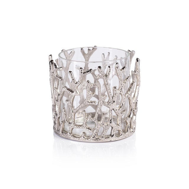 Metal Coral Sea Brass Hurricane with Glass Insert, Nickel For Sale - Image 7 of 7