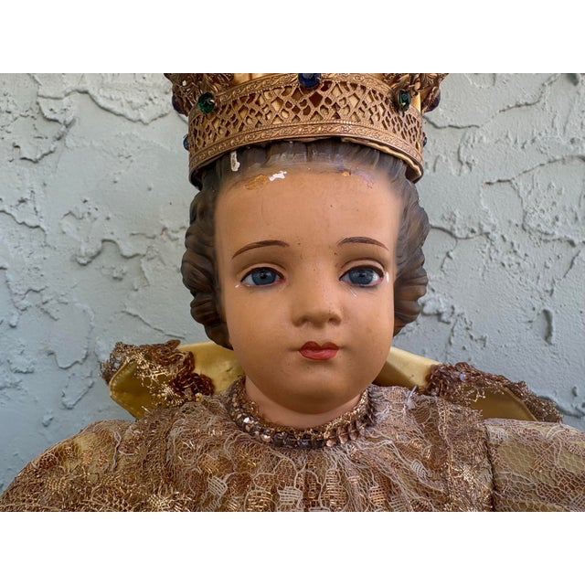 Mid 20th Century Vintage Child Jesus of Prague Religious Statue With Crown & Embellished Lace Robes For Sale - Image 5 of 12