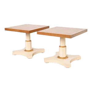 Baker Furniture Mid-Century Hollywood Regency Burled Walnut and Parcel Painted Side Tables, Pair