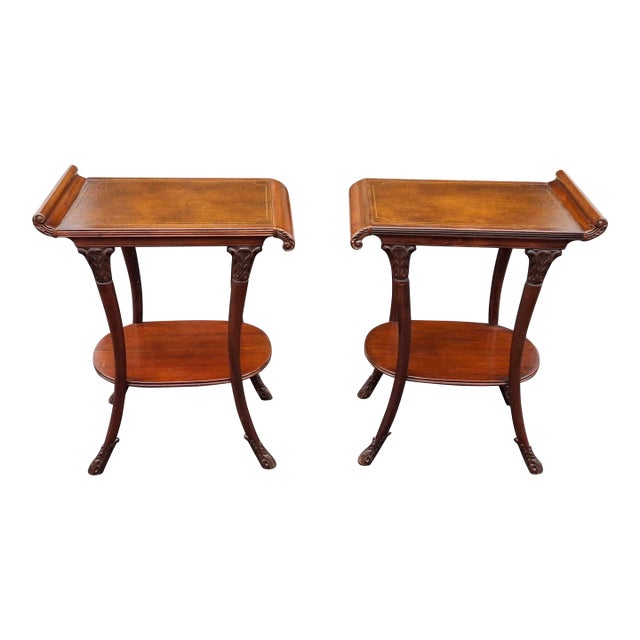 Pair Late 19th Century Victorian Regency Style Carved Mahogany and Tooled Leather Inset Side Tables For Sale