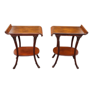Pair Late 19th Century Victorian Regency Style Carved Mahogany and Tooled Leather Inset Side Tables