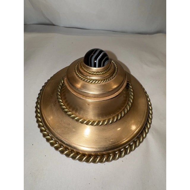 19th Century French Brass & Bronze Art Nouveau Inkwell With Art Glass Marble Top For Sale - Image 10 of 11