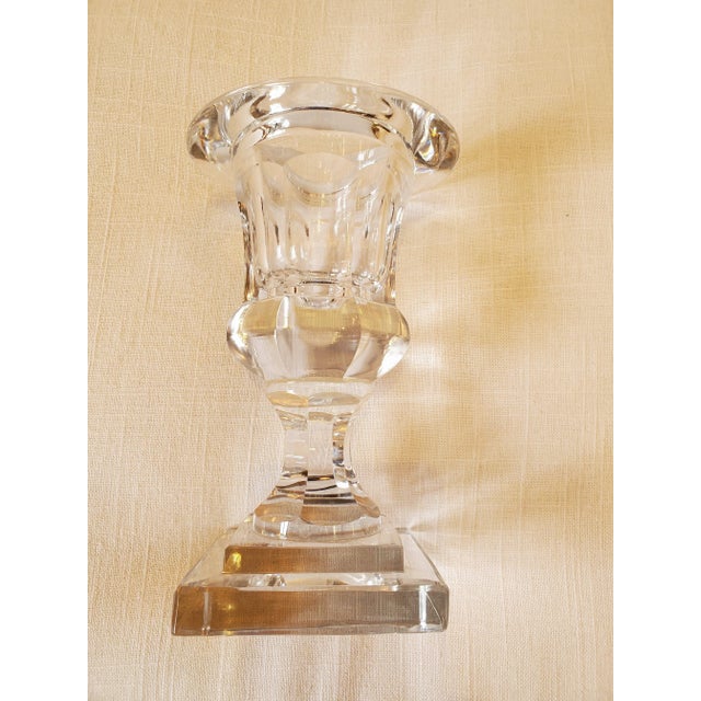 Very pretty pair of cut crystal urns in a diminutive size. Bases 3.5" square.