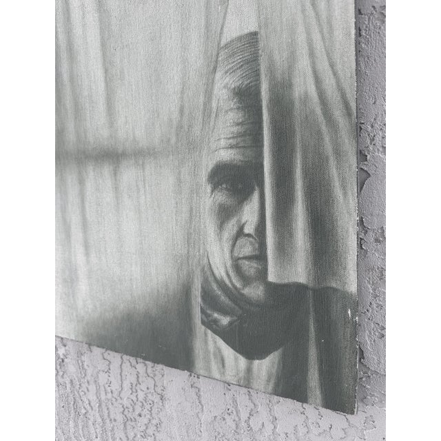 Vintage "Man Behind the Curtain" Painting Signed Vida Offered for sale is a vintage painting with an ethereal feel that is...