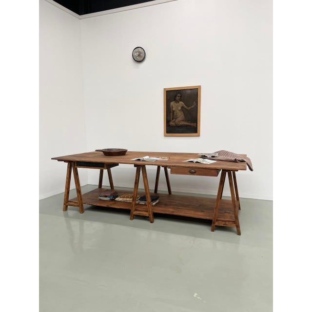 Old pine work table, drapier style, with double levels. we love its unique look, its xxl format, the patina of the whole...