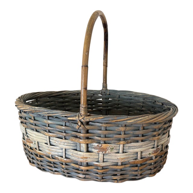 Vintage Gray Gathering Basket With Bunny Rabbit Motif For Sale