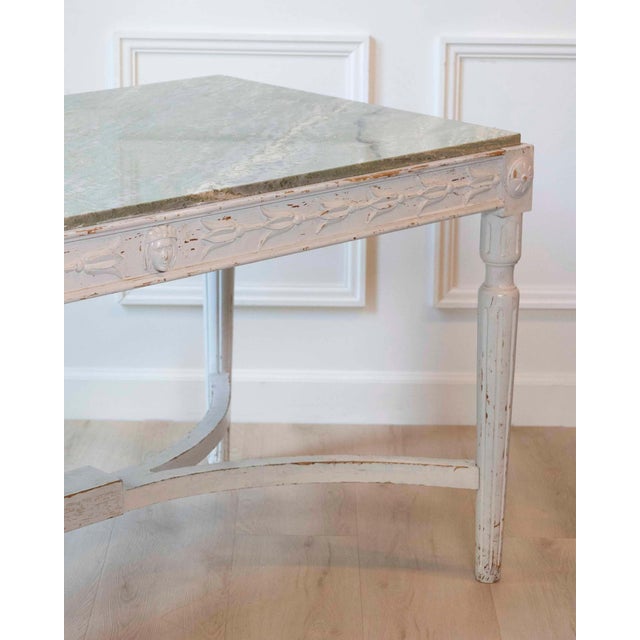 Off-white Swedish 1920s Painted Center Table with Green Marble Top For Sale - Image 8 of 12