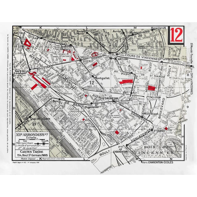 1959 Original Cartes Tarides Map of Paris, XII Arrondissement For Sale - Image 4 of 4
