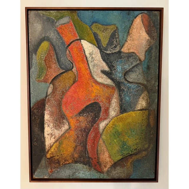 Vintage mid century textured multi colored oil on board abstract cubist painting signed by June Hayes (Ohio/New York,...