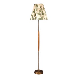 1950s Swedish Modern, Floor Lamp, Teak, Brass, Pleated Floral Fabric For Sale