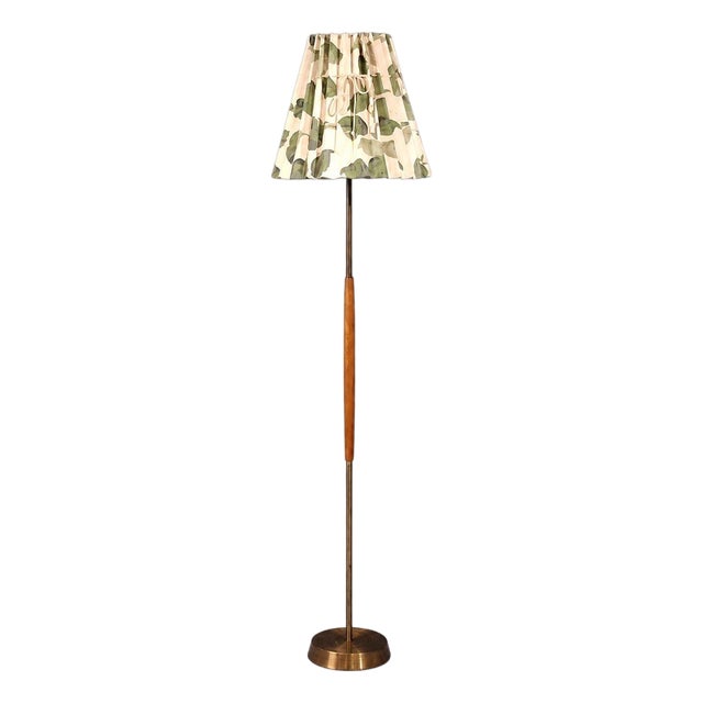 1950s Swedish Modern, Floor Lamp, Teak, Brass, Pleated Floral Fabric For Sale