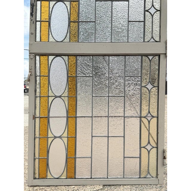 Antique Victorian Amber Stained Leaded Glass Double Window Converted to Door For Sale - Image 9 of 18
