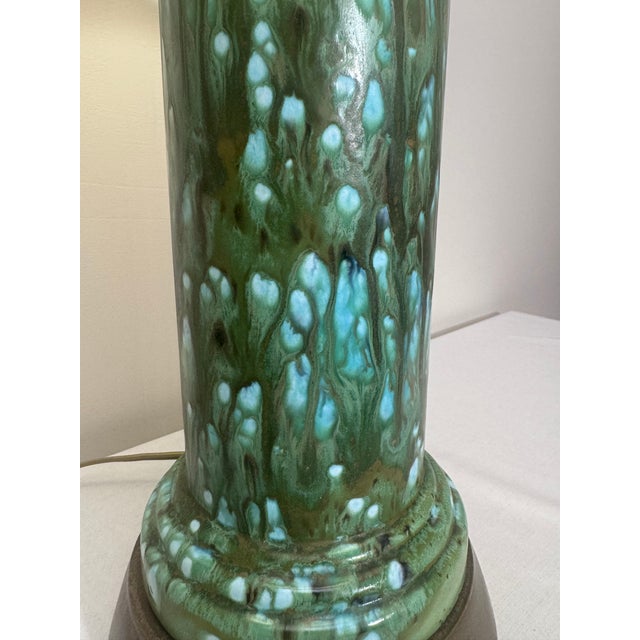 Vintage Mid Century Hollywood Regency Drip Glaze Ceramic Aqua, Brass & Gold Leaf Shaded Table Lamps, a Pair For Sale - Image 9 of 18