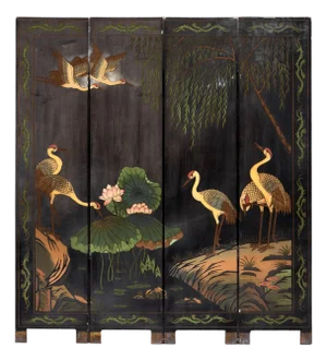 Vintage Black Lacquer Four-Panel Hand-Painted Screen with Red-Crowned Cranes