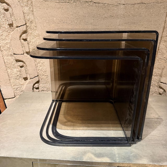 1970s Set of Four Nesting Tables in Satin Black Metal & Smokey Gray For Sale - Image 12 of 13