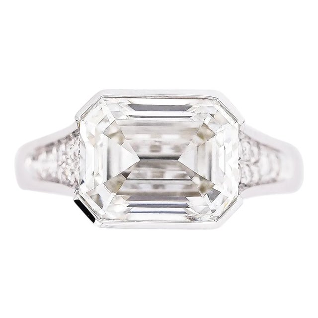 5.53 Carat Emerald Cut Lab Grown Diamond Half Bezel White Gold Ring, Size 7 For Sale