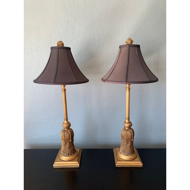 Very Large Italian Tassel Buffet Style Lampls with Antique Gold Finish, Black Shades with Gold Lining and matching rope...