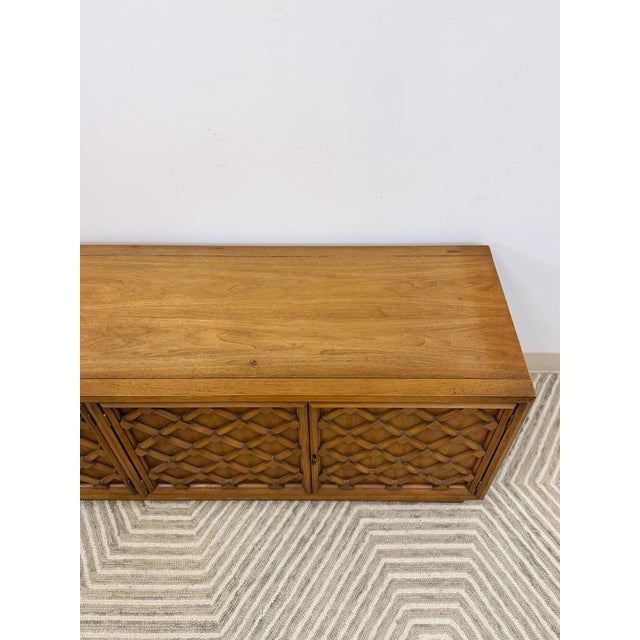 Mid 20th Century Drexel Collage MCM Low Console Lattice Door Faces Vintage Credenza Finished Back For Sale - Image 5 of 16