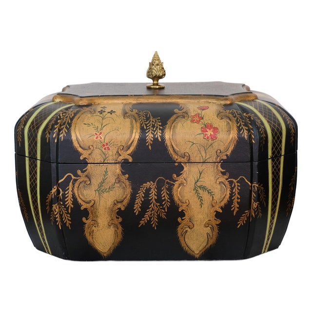Mid 20th Century Maitland Smith Hand Painted Fabric Black Floral Design Wood Interior Hinged Box For Sale
