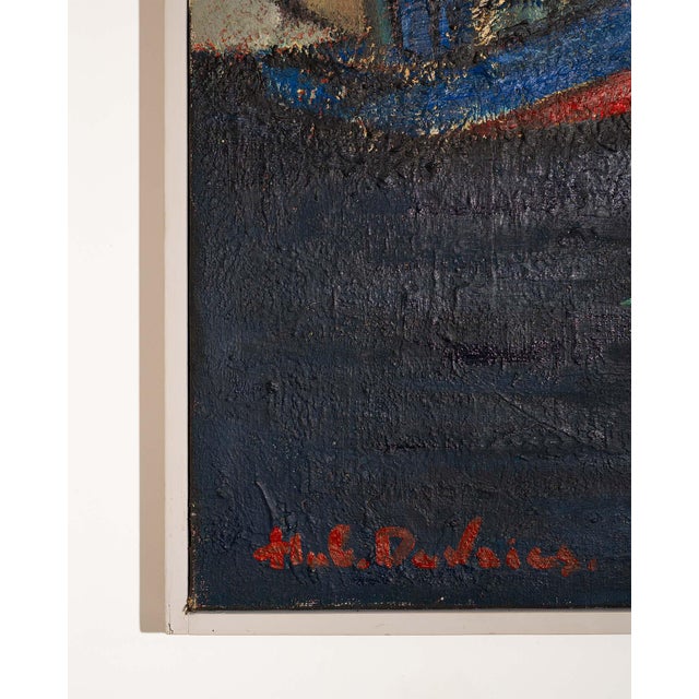Blue Hubert Henri de Vries, Boats in the Harbor, Antwerp, 1960s, Oil on Canvas For Sale - Image 8 of 9