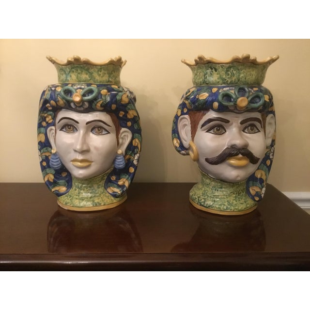 2000s Sicilian Caltagirone Ceramic HandPainted Head Planters Set of