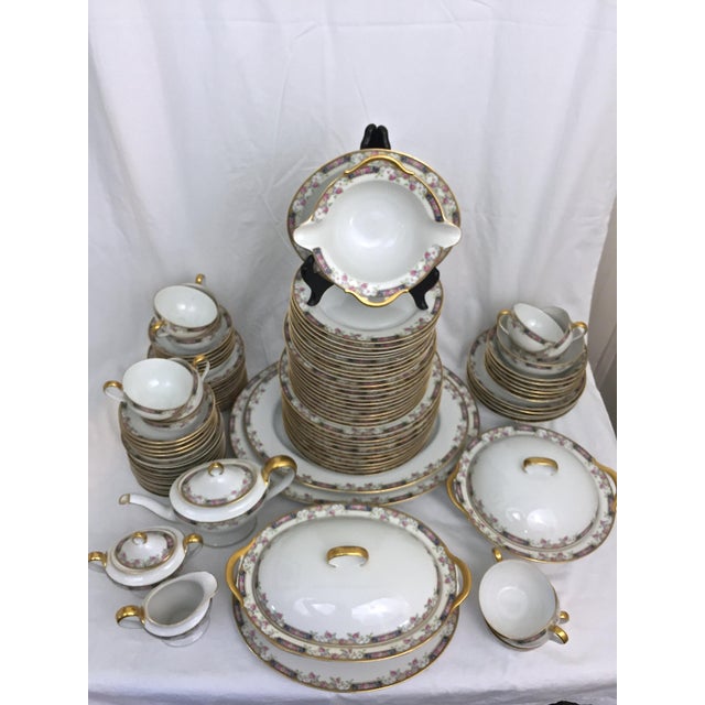 Antique Bavaria Tirschenreuthe Franklin 4177 gold-gilt porcelain tableware with delicate Spring blue & pink floral design....