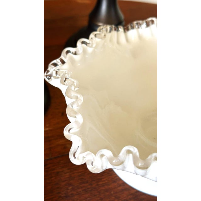 Vintage Milk Glass With Clear Ruffle Edges Fruit Bowl Candy Dish Cottage MCM For Sale - Image 4 of 7