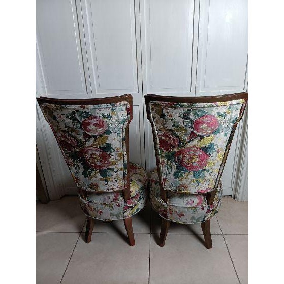 Victorian 1950s Victorian Style Parlor Chair Wood Floral Design Cushion Set of 2 For Sale - Image 3 of 11