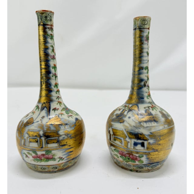 Pair, 19th Century Chinese Clobbered Rose Medallion Bottle Vases For Sale In Providence - Image 6 of 8