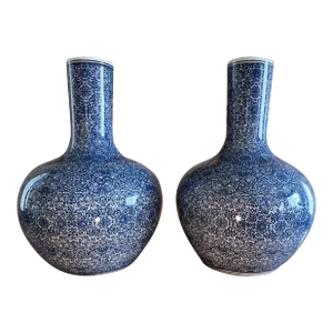 Pair of Large Antique Chinese Blue & White Chinoiserie Floral Tianqiuping Vases