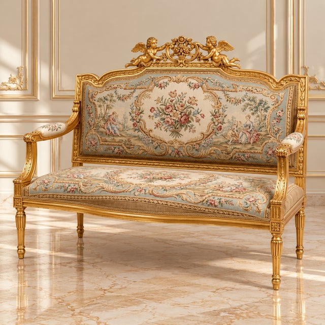 Bring timeless French elegance to your interior with this Louis XVI-inspired sofa, featuring a beautifully carved frame...