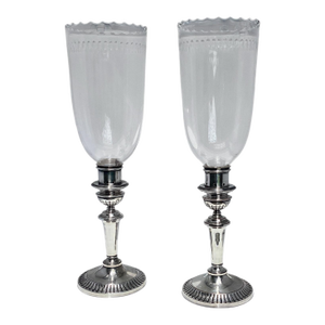 Pair of English Hand Chased Silver Plated With Glass Hurricanes by Folgate